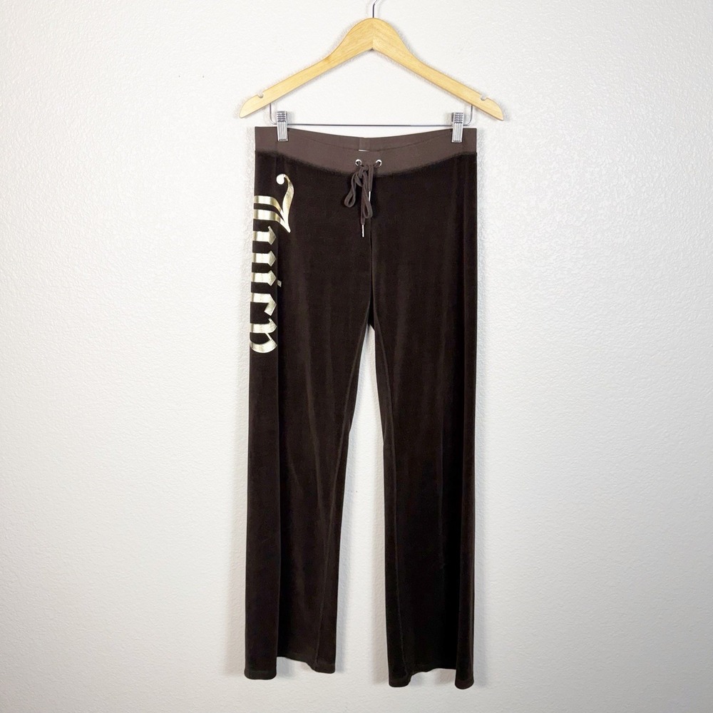 Vintage Juicy Couture Y2K Brown Velour Flare Track Pants Low Rise Size Small